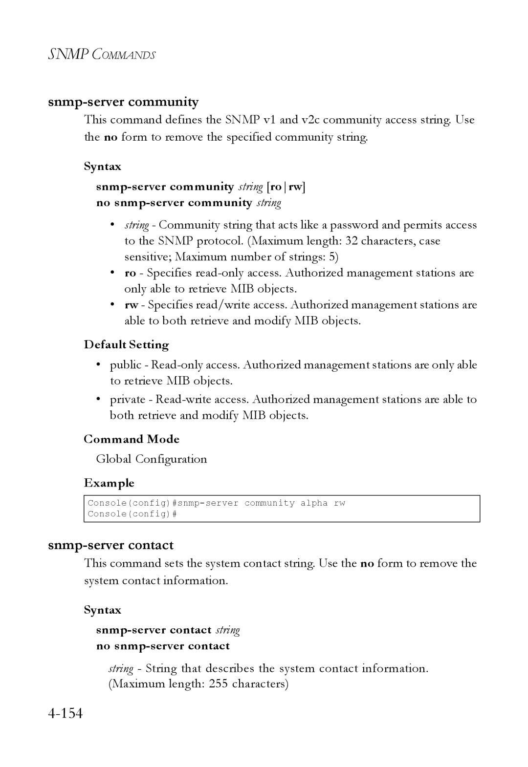 SMC Networks SMC6824M manual Snmp-server community, Syntax Snmp-server contact string no snmp-server contact 