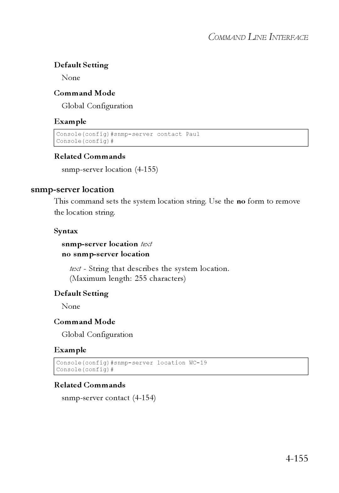 SMC Networks SMC6824M manual Syntax Snmp-server location text no snmp-server location 