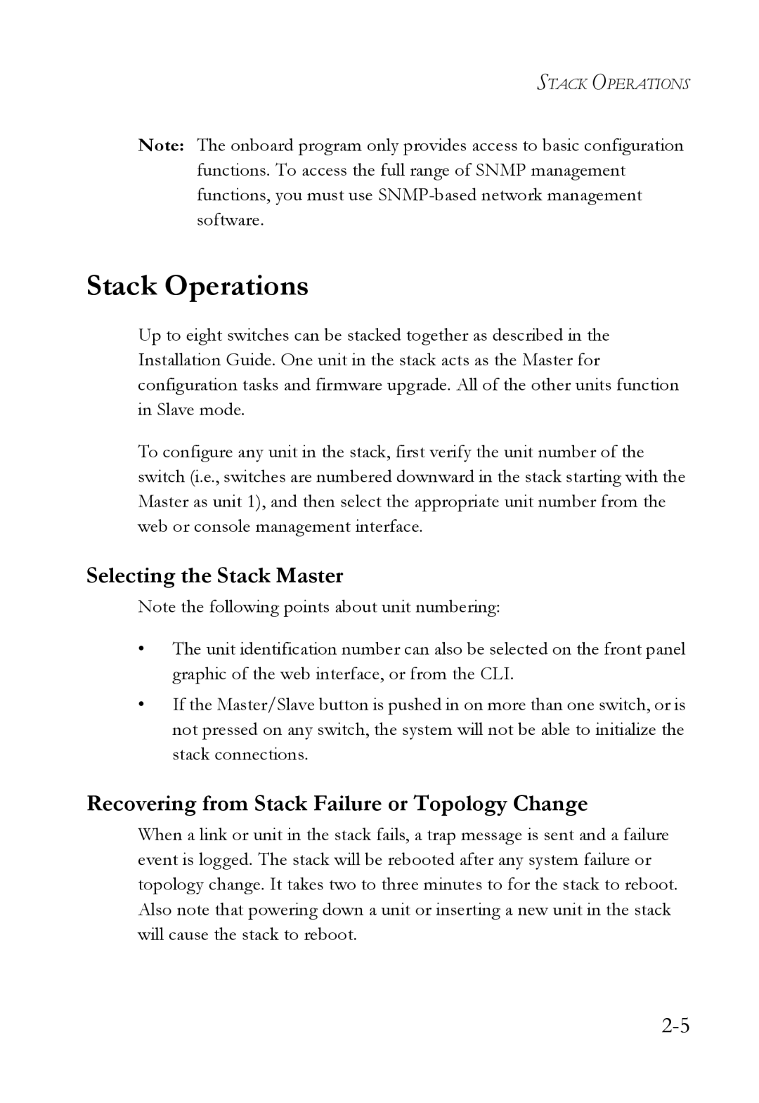 SMC Networks SMC6824M manual Stack Operations, Selecting the Stack Master, Recovering from Stack Failure or Topology Change 