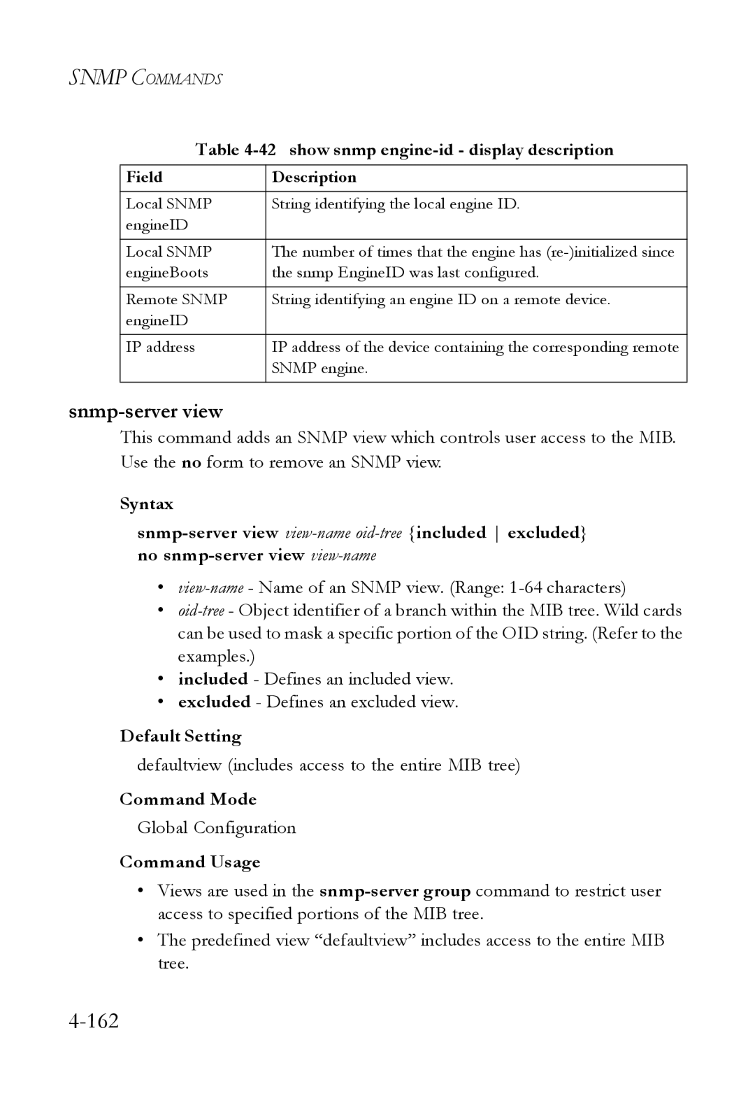 SMC Networks SMC6824M manual Snmp-server view, show snmp engine-id display description 