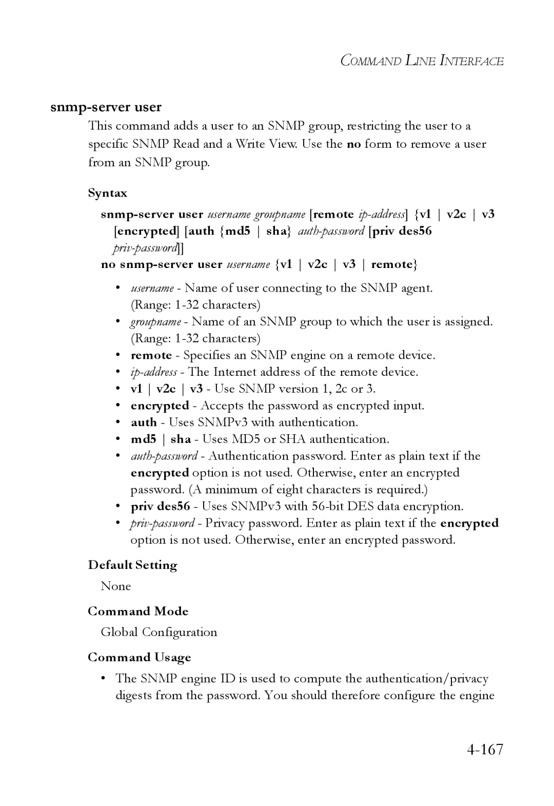 SMC Networks SMC6824M manual Snmp-server user, Default Setting 