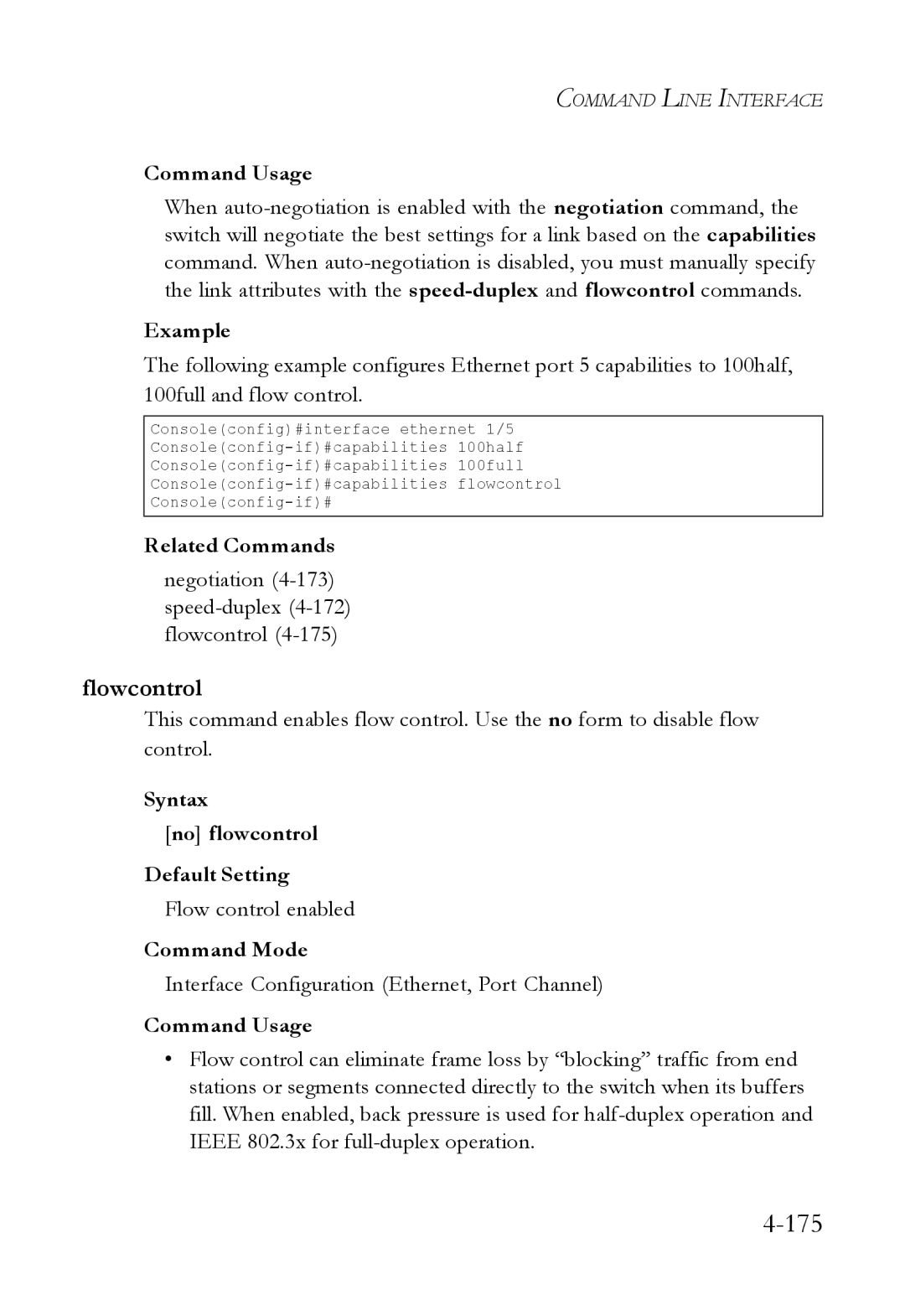 SMC Networks SMC6824M Flowcontrol, Negotiation 4-173speed-duplex4-172 flowcontrol, Syntax No flowcontrol Default Setting 