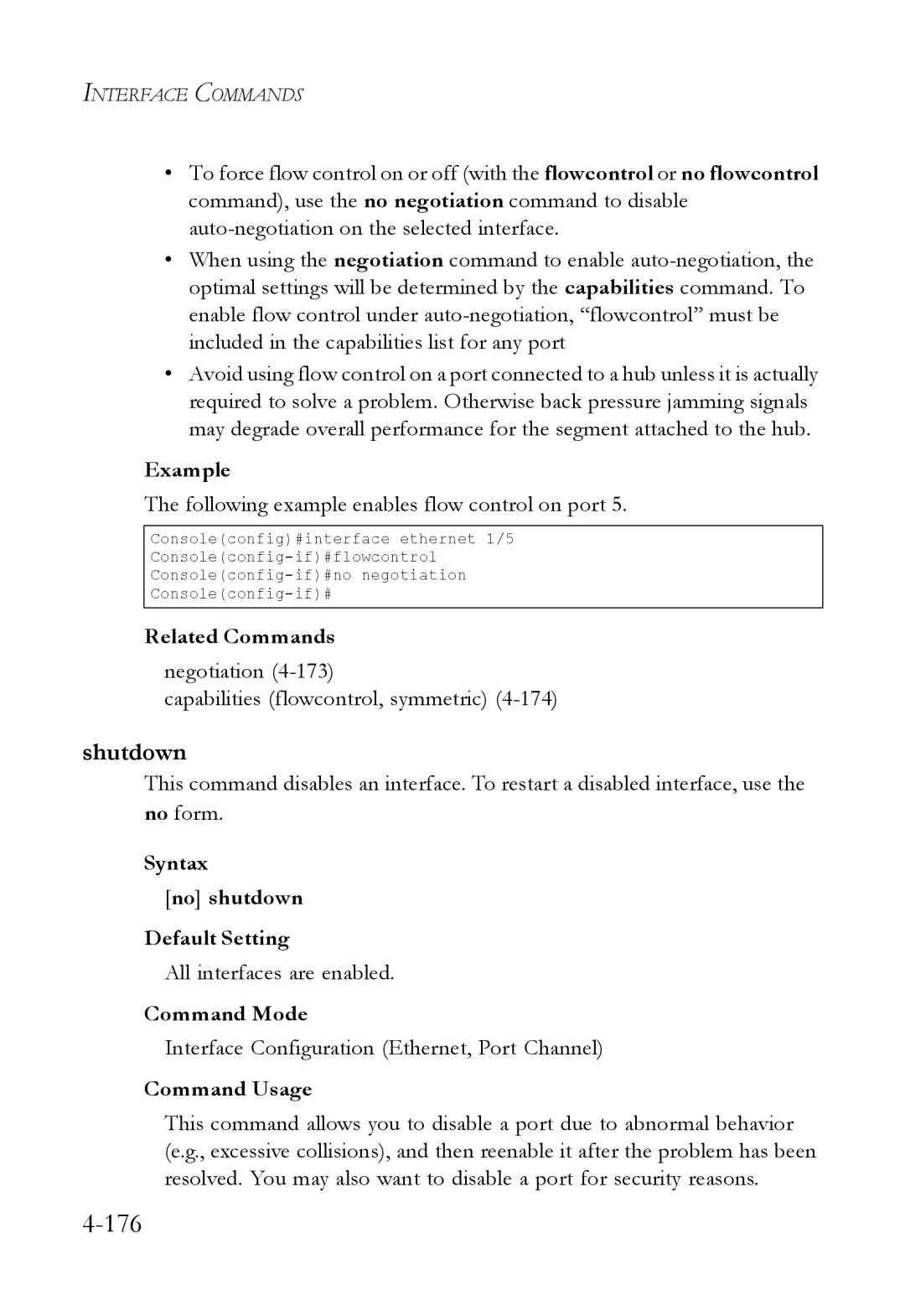 SMC Networks SMC6824M manual Shutdown, Following example enables flow control on port, Syntax No shutdown Default Setting 