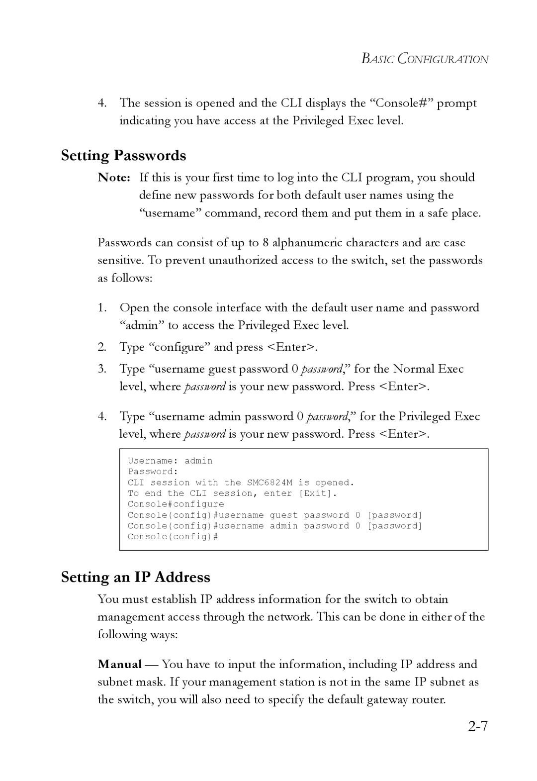 SMC Networks SMC6824M manual Setting Passwords, Setting an IP Address 