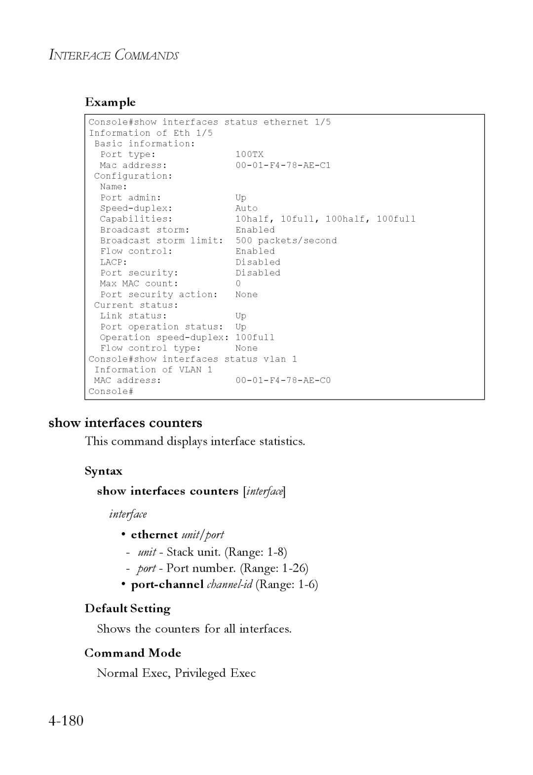 SMC Networks SMC6824M manual Show interfaces counters, This command displays interface statistics 