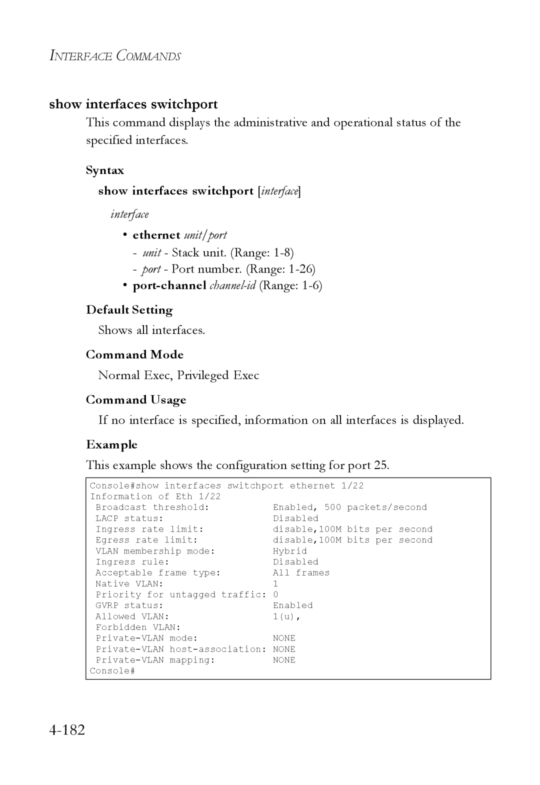 SMC Networks SMC6824M manual Syntax Show interfaces switchport interface, Shows all interfaces 