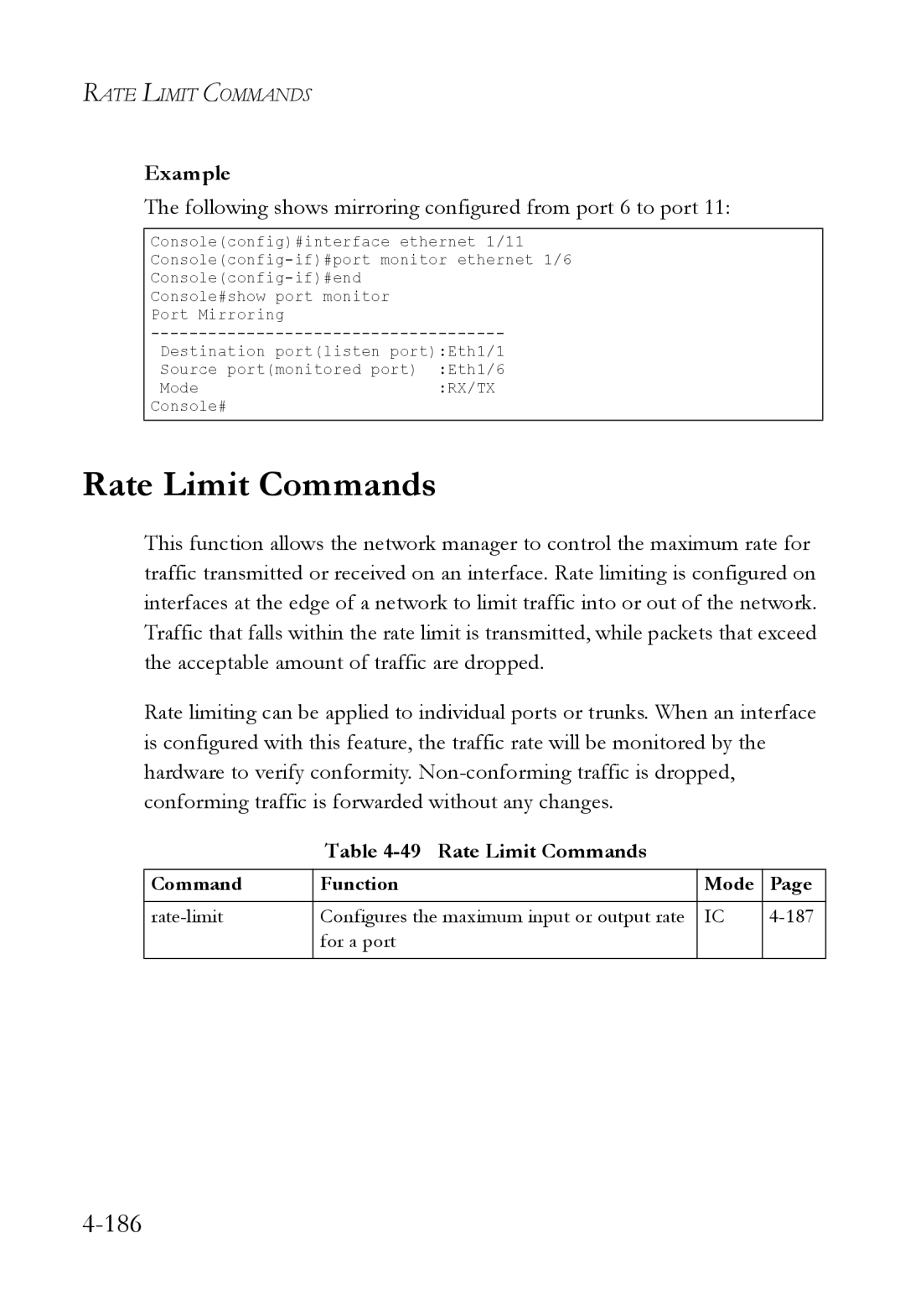 SMC Networks SMC6824M manual Rate Limit Commands, Following shows mirroring configured from port 6 to port 