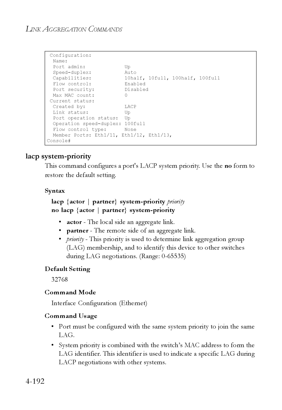 SMC Networks SMC6824M manual Lacp system-priority, 32768 