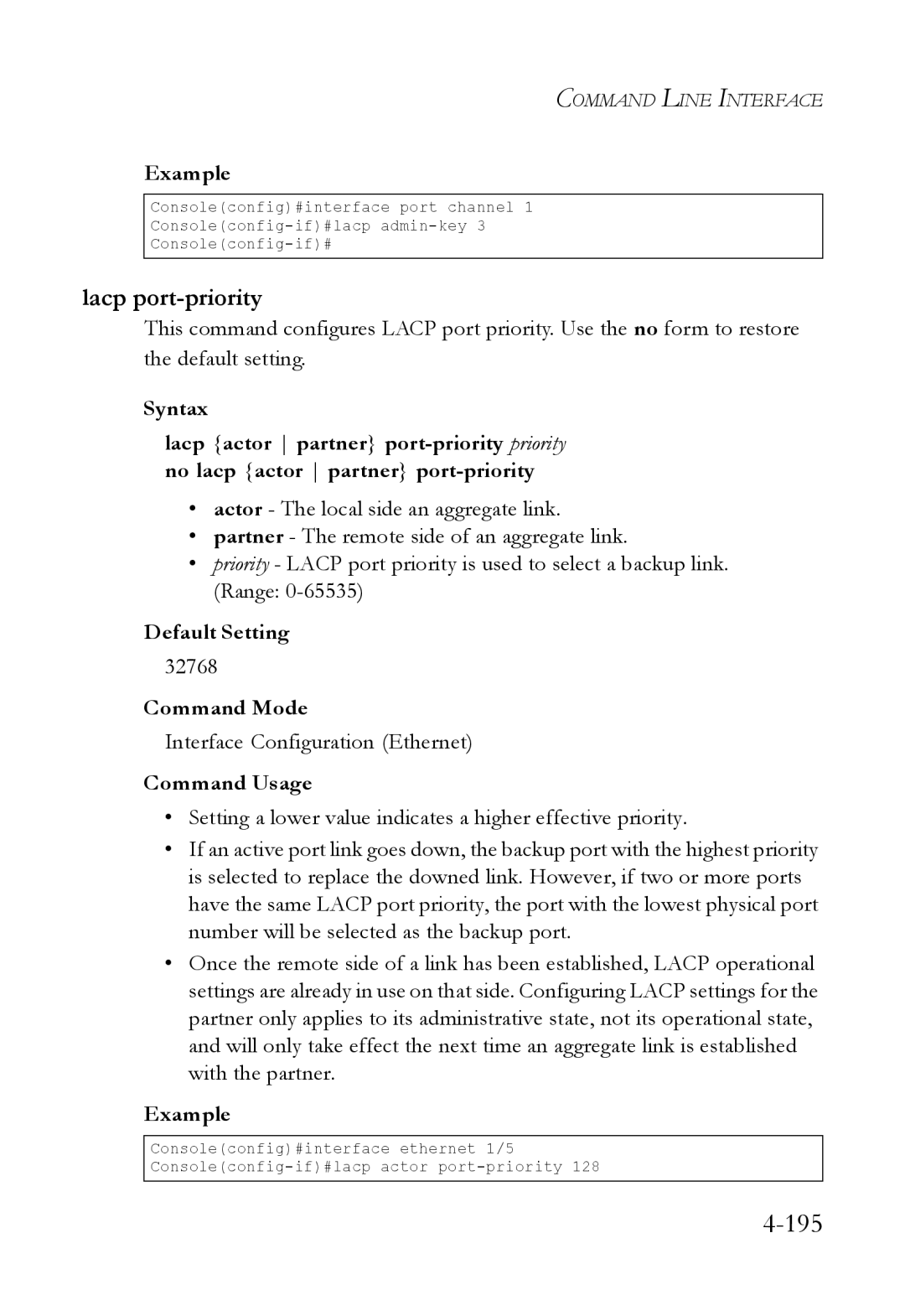 SMC Networks SMC6824M manual Lacp port-priority, Default Setting 