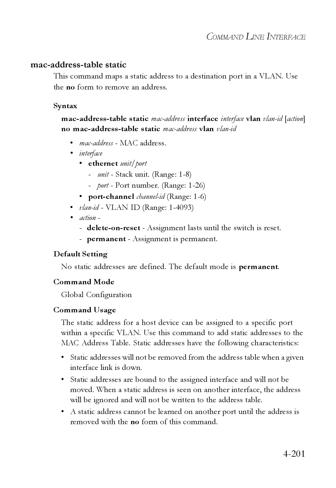 SMC Networks SMC6824M manual Mac-address-table static, Mac-address- MAC address, Vlan-id- Vlan ID Range 