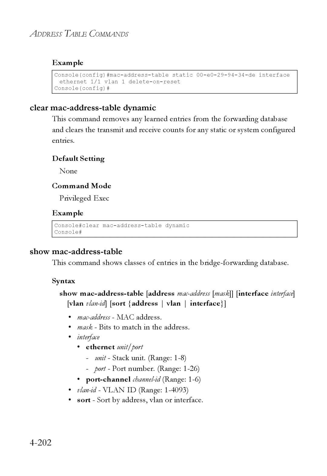 SMC Networks SMC6824M manual Clear mac-address-table dynamic, Show mac-address-table 