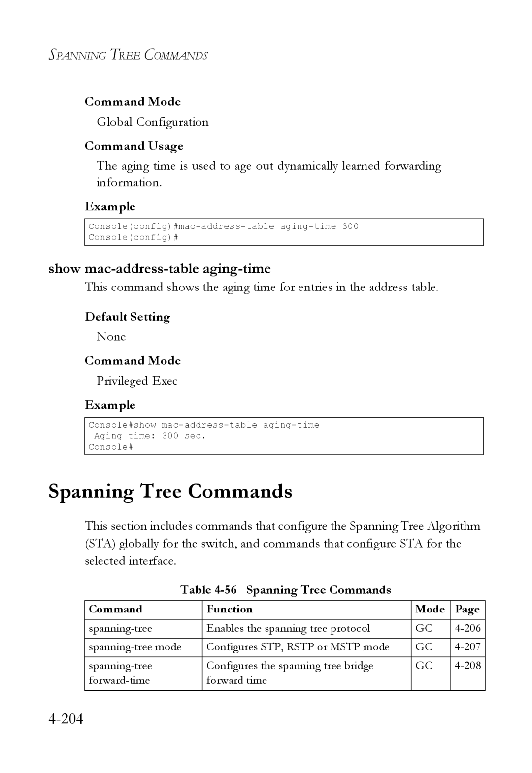 SMC Networks SMC6824M manual Spanning Tree Commands, Show mac-address-table aging-time 