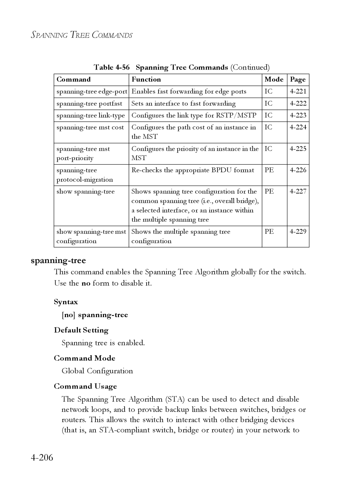 SMC Networks SMC6824M manual Spanning-tree, Syntax No spanning-tree Default Setting, Spanning tree is enabled 