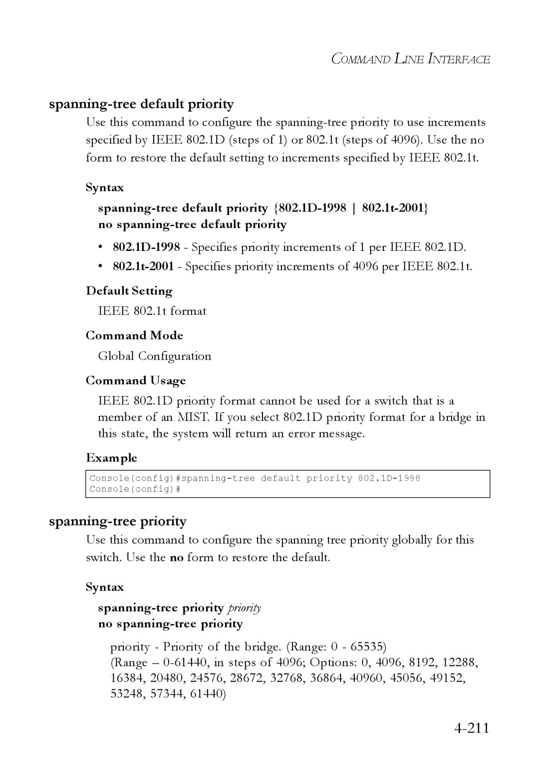 SMC Networks SMC6824M manual Spanning-tree default priority, Spanning-tree priority, Ieee 802.1t format 