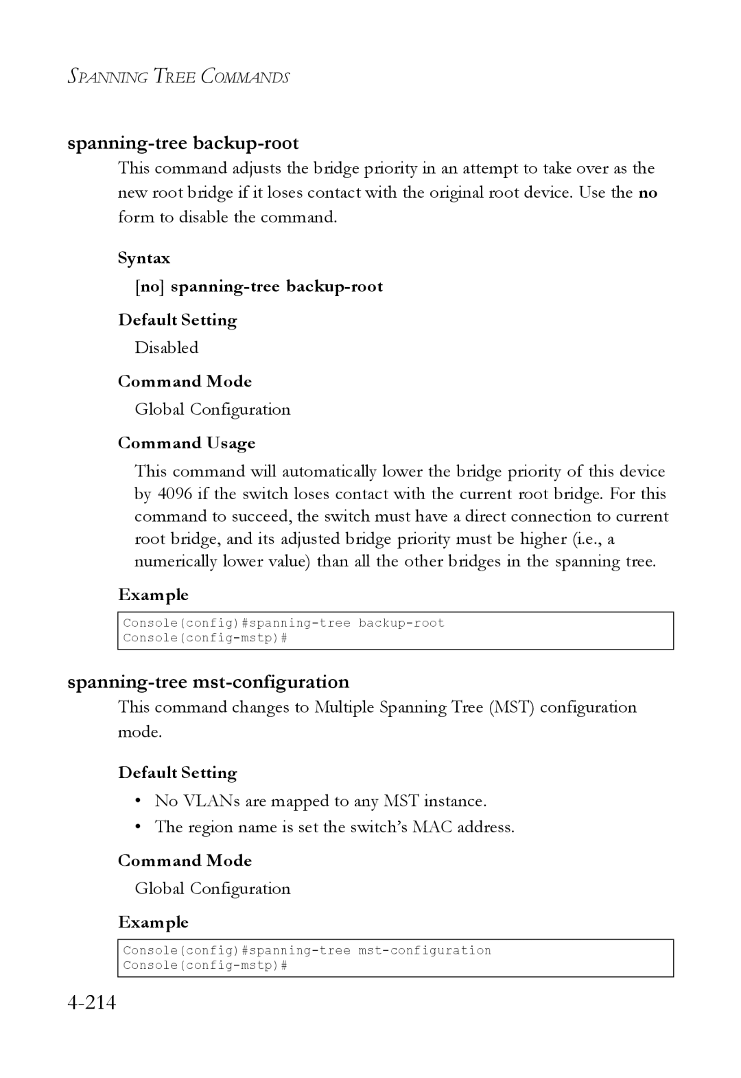 SMC Networks SMC6824M manual Spanning-tree backup-root, Spanning-tree mst-configuration 