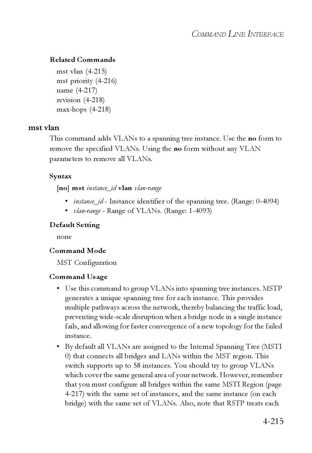 SMC Networks SMC6824M manual Mst vlan, MST Configuration 