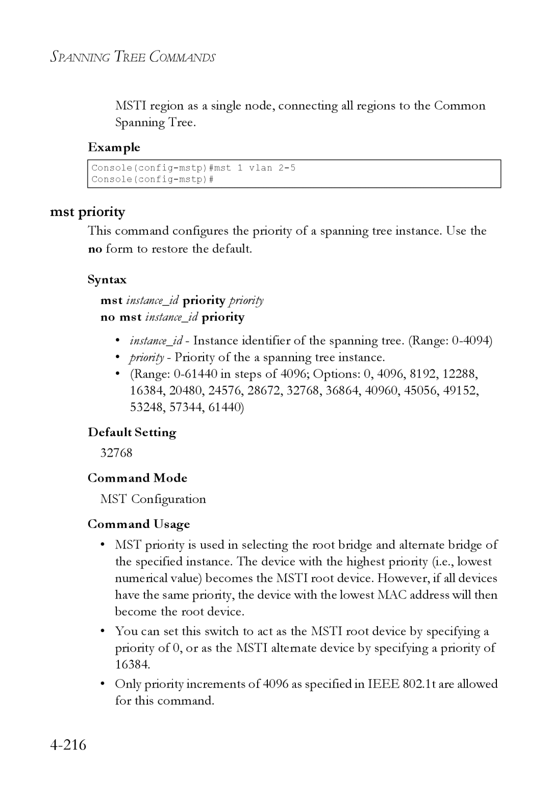 SMC Networks SMC6824M manual Mst priority, Mst instanceid priority priority no mst instanceid priority 