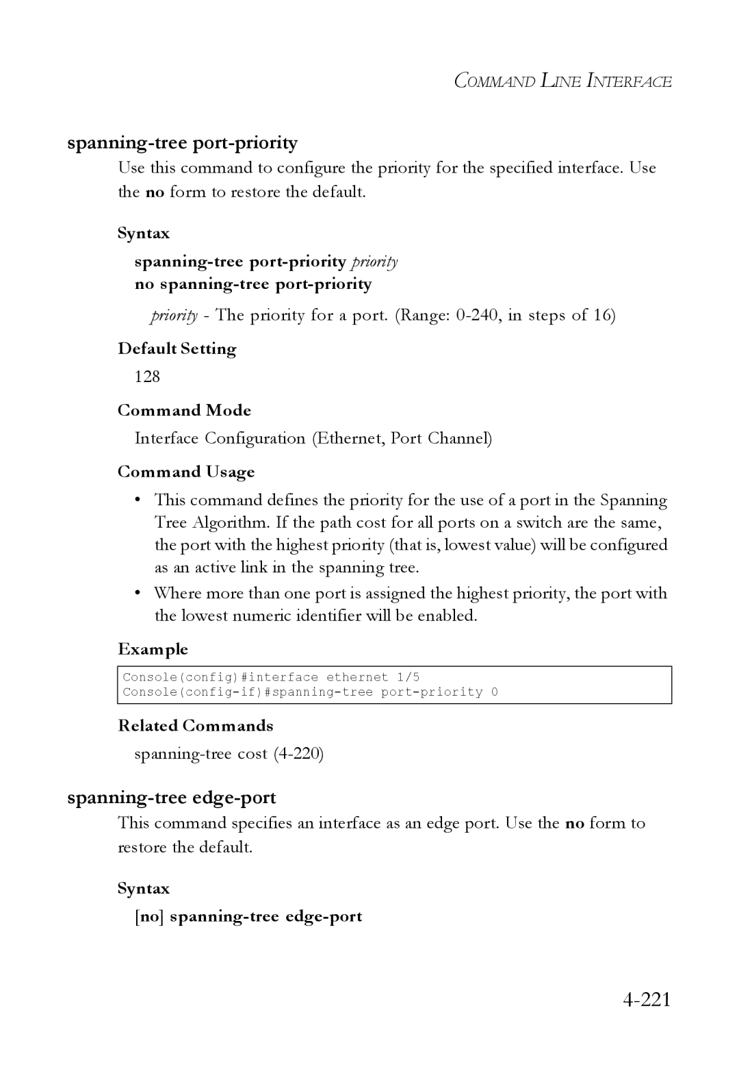 SMC Networks SMC6824M manual Spanning-tree port-priority, Spanning-tree edge-port, Syntax No spanning-tree edge-port 