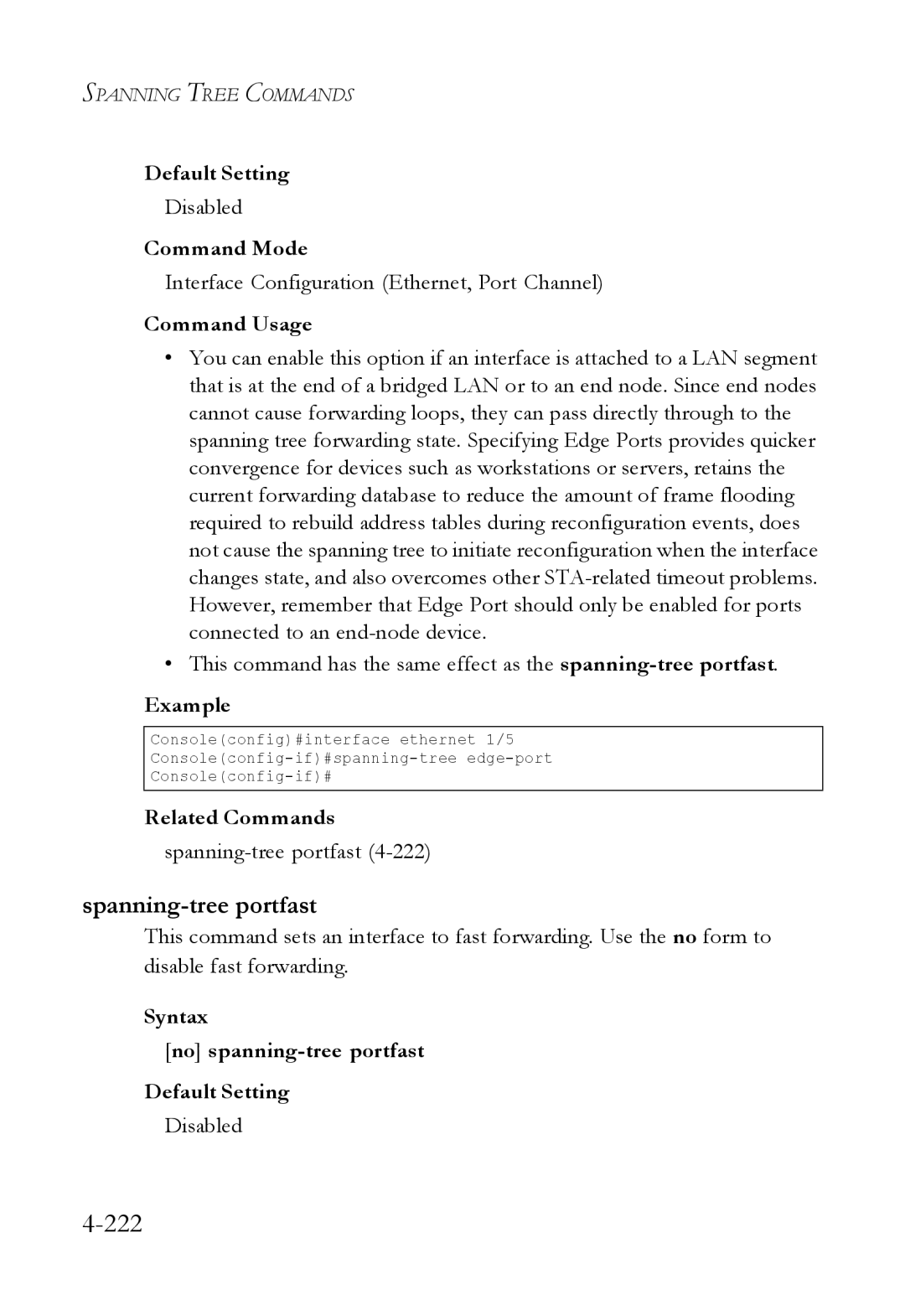 SMC Networks SMC6824M manual Spanning-tree portfast, Syntax No spanning-tree portfast Default Setting 