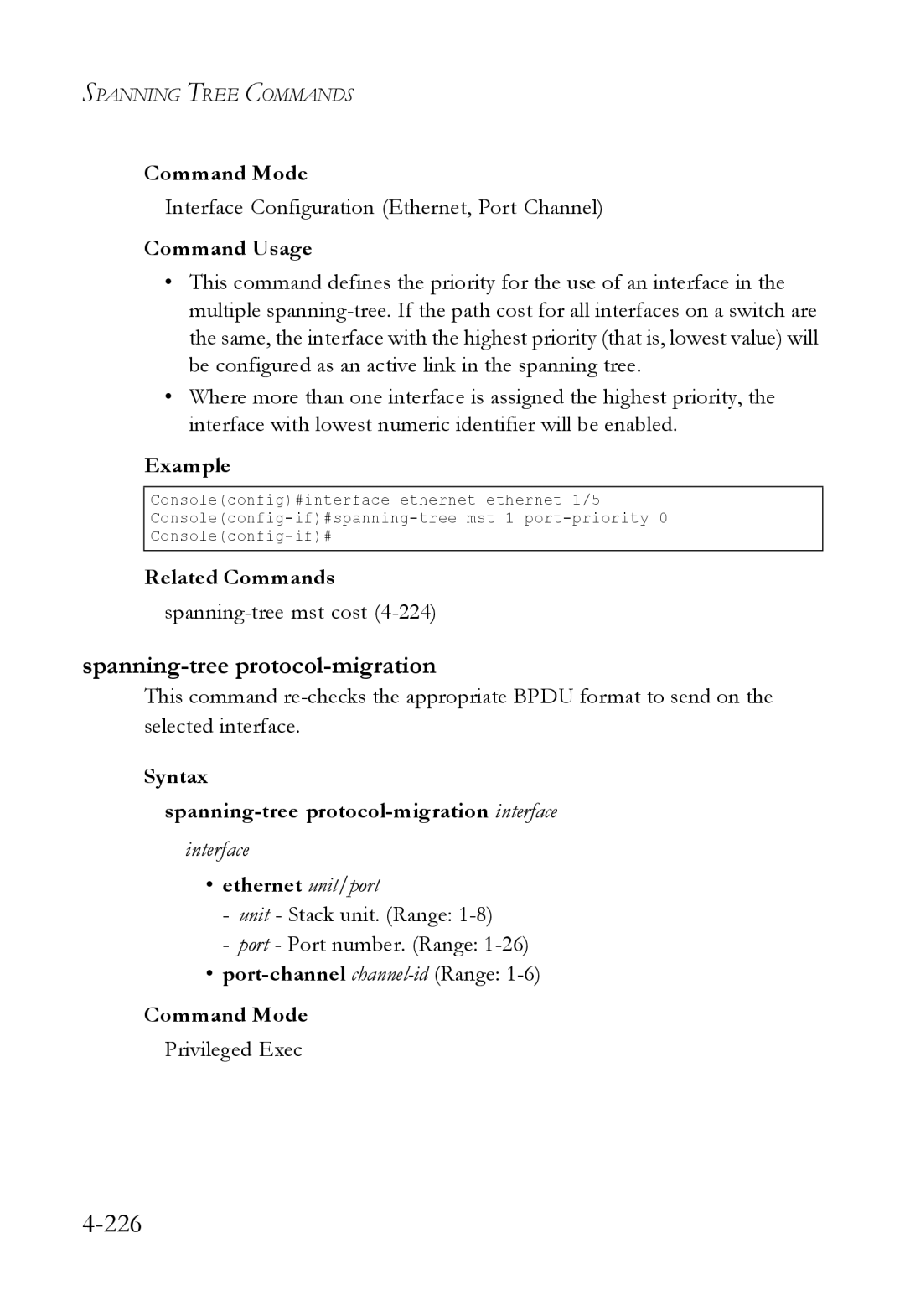 SMC Networks SMC6824M Syntax Spanning-tree protocol-migration interface, Port-channel channel-idRange Command Mode 