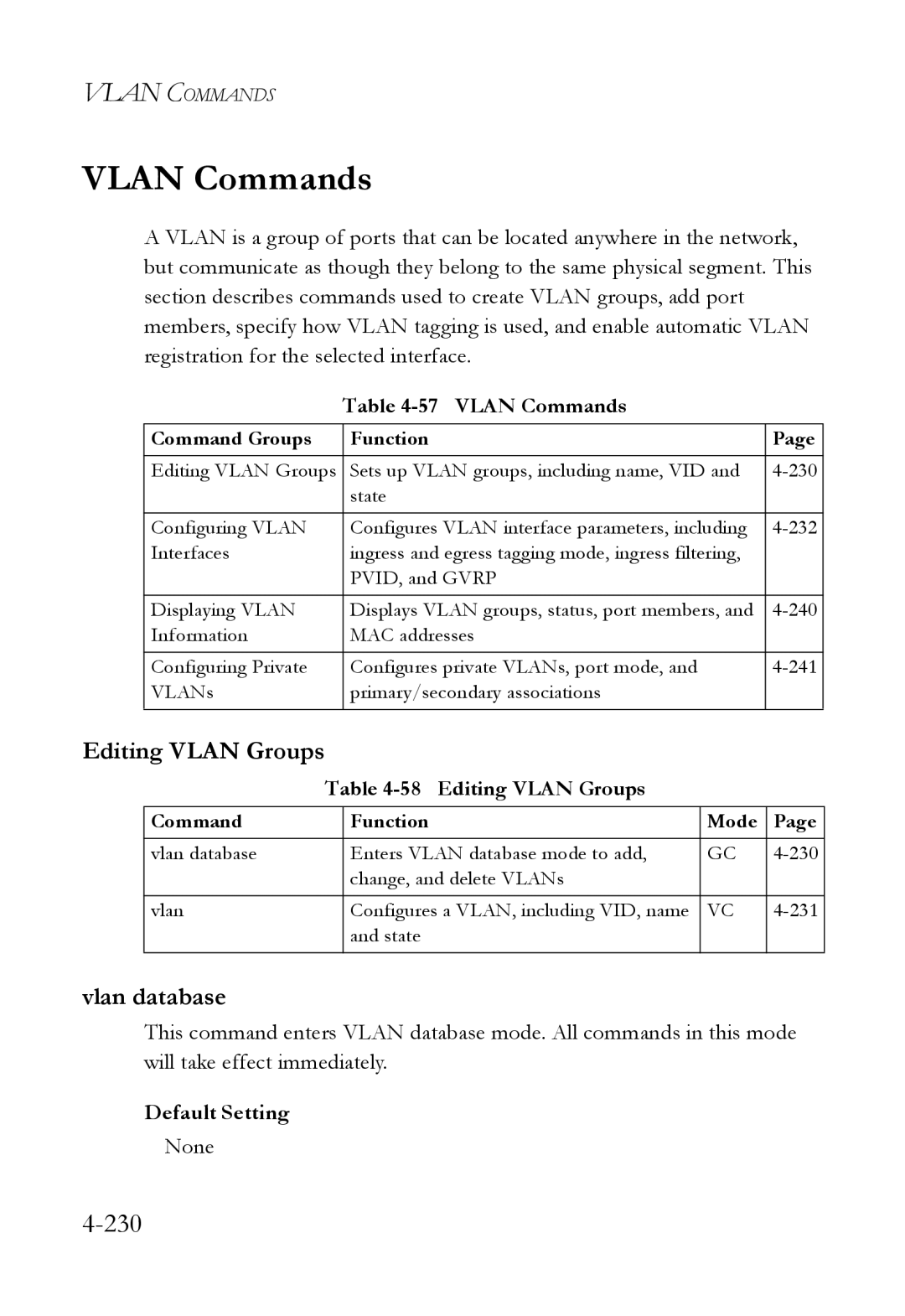 SMC Networks SMC6824M manual Vlan Commands, Editing Vlan Groups, Vlan database 
