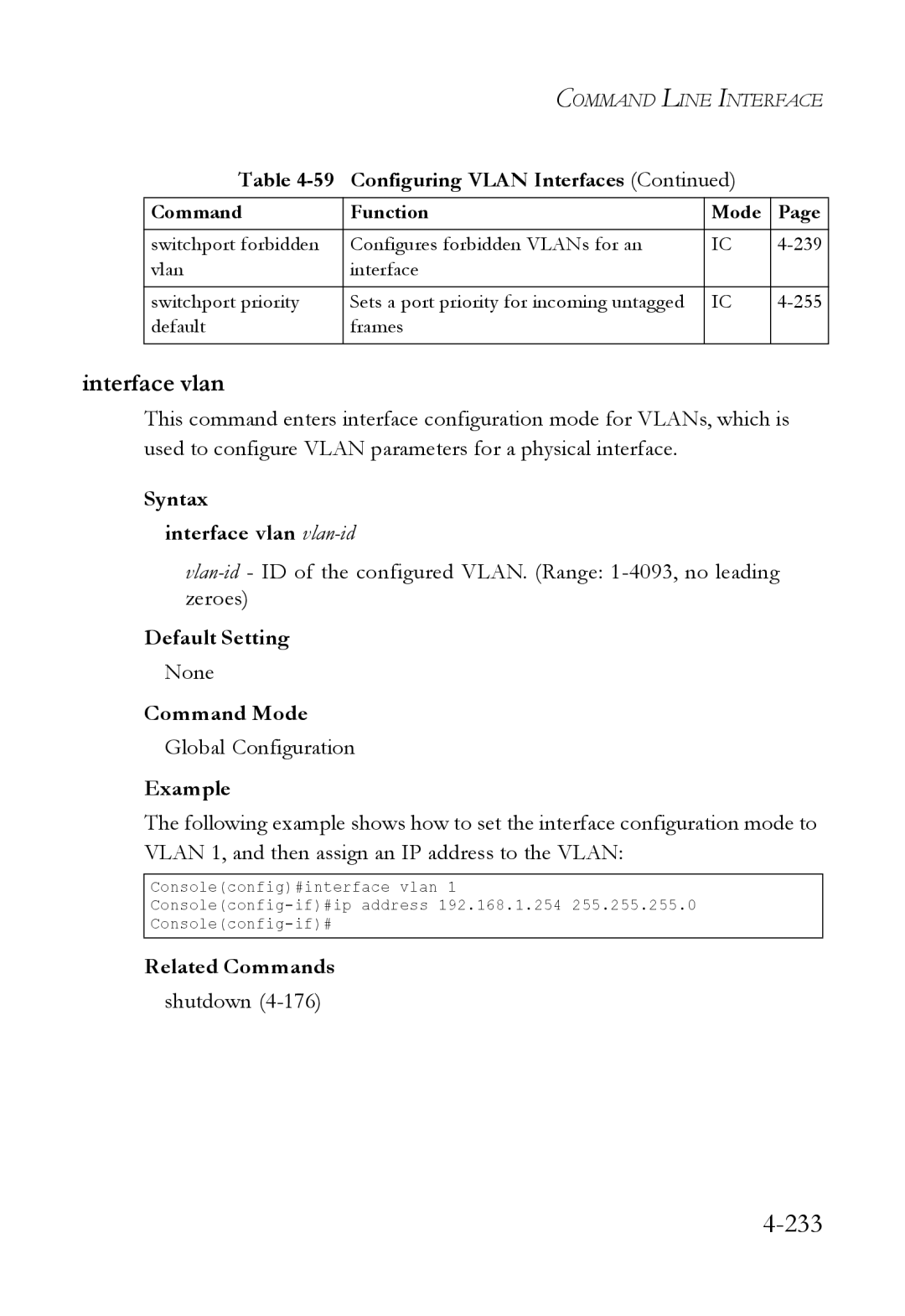 SMC Networks SMC6824M manual Syntax Interface vlan vlan-id, Shutdown 