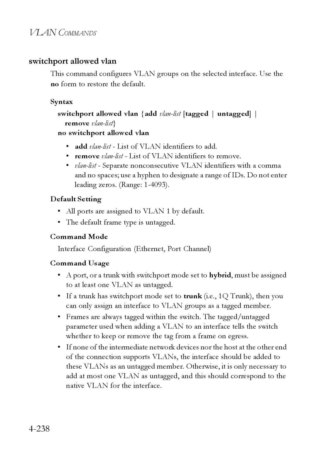 SMC Networks SMC6824M manual 238, Switchport allowed vlan 