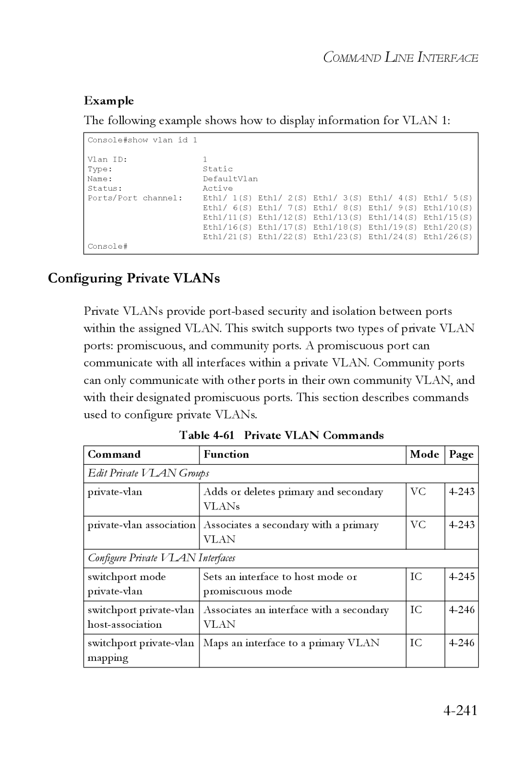 SMC Networks SMC6824M manual 241, Following example shows how to display information for Vlan, Private Vlan Commands 