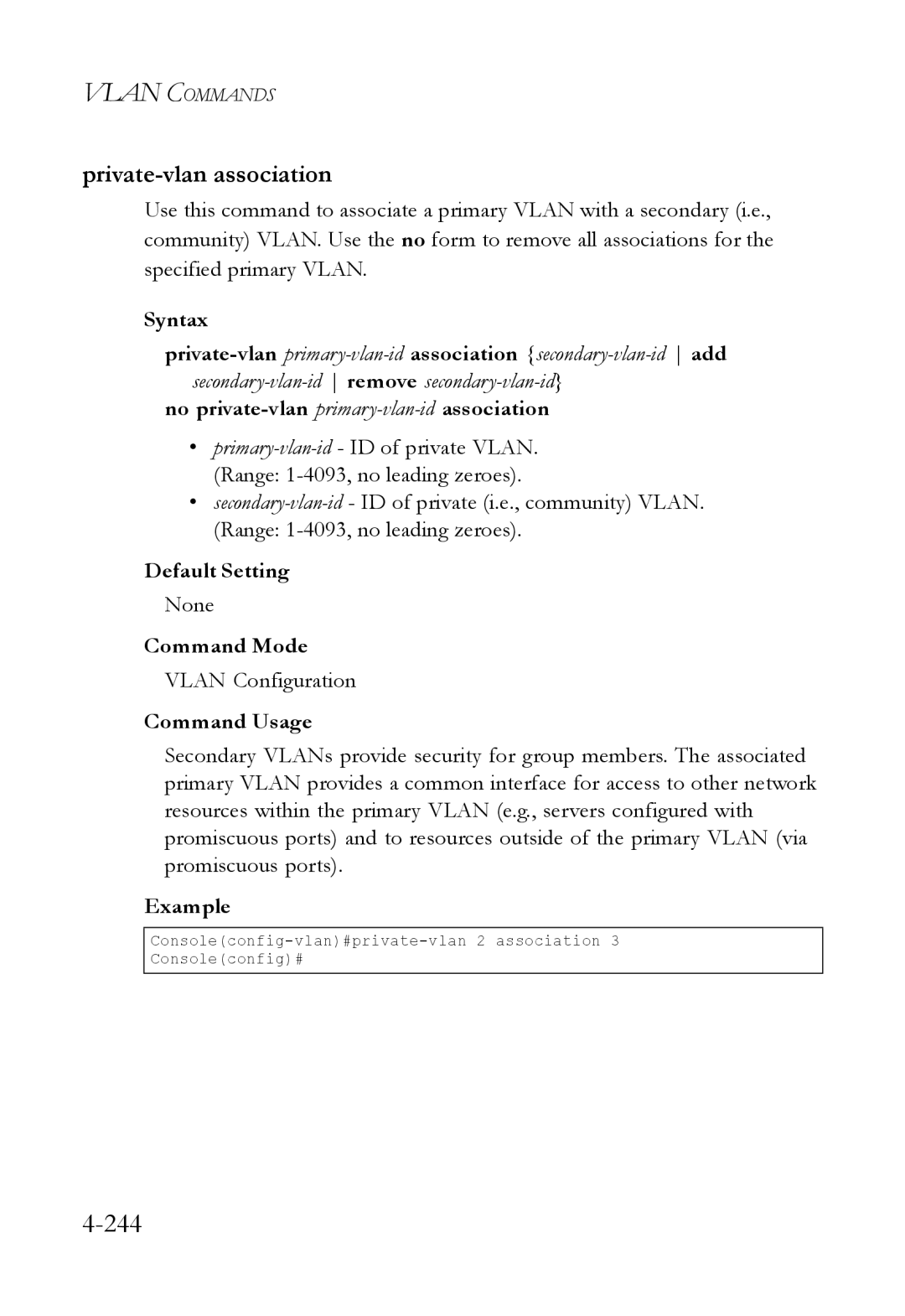 SMC Networks SMC6824M manual 244, Private-vlan association, No private-vlan primary-vlan-idassociation 