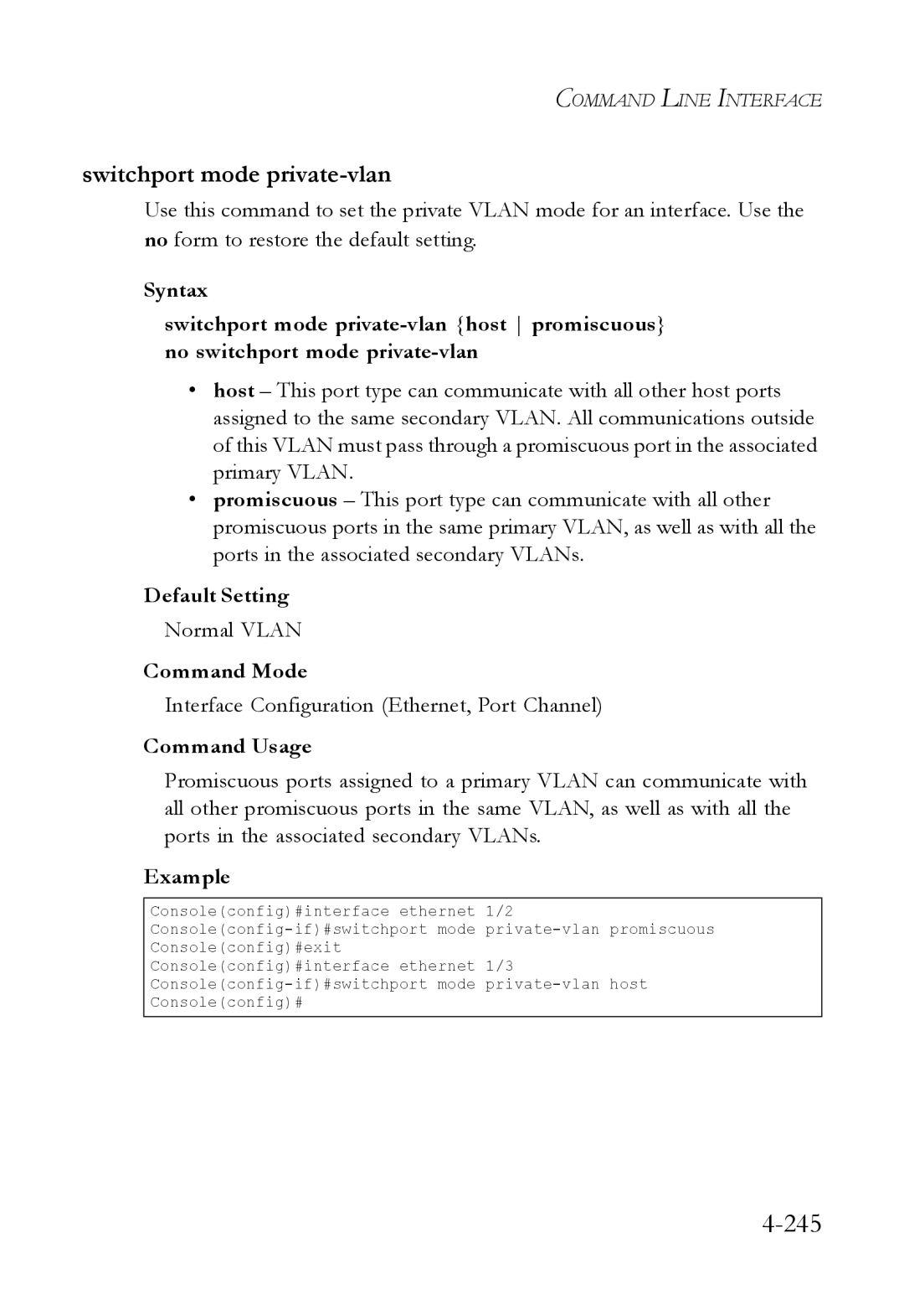 SMC Networks SMC6824M manual 245, Switchport mode private-vlan, Normal Vlan 