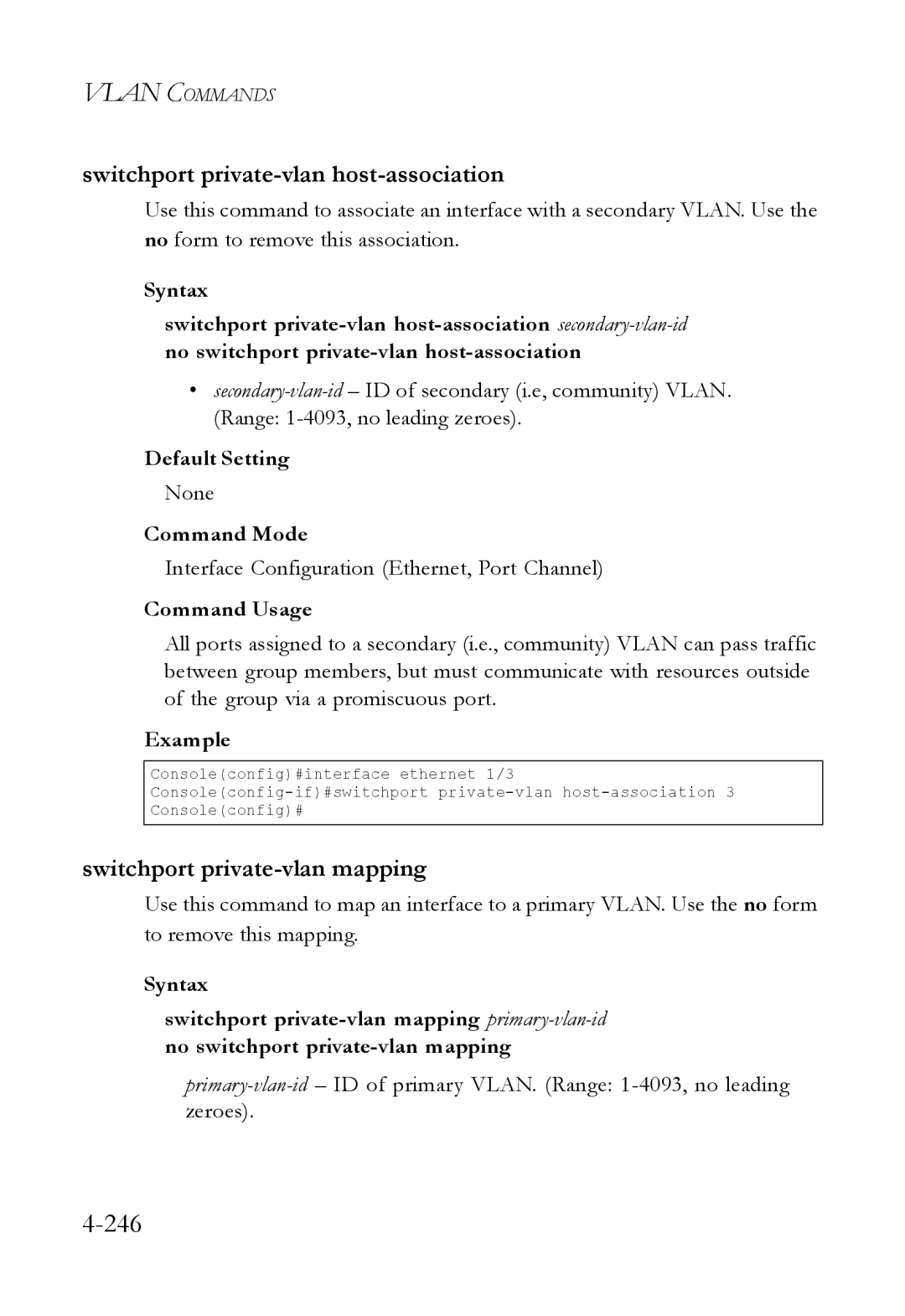 SMC Networks SMC6824M manual 246, Switchport private-vlan host-association, Switchport private-vlan mapping 