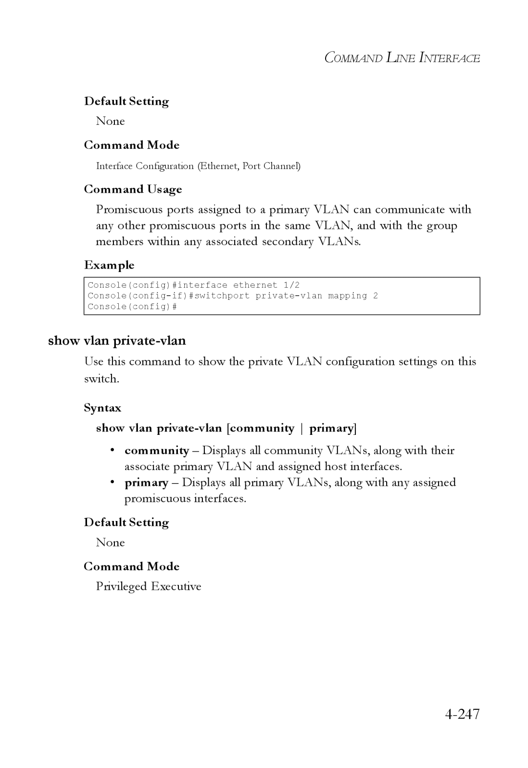 SMC Networks SMC6824M manual 247, Syntax Show vlan private-vlan community primary 