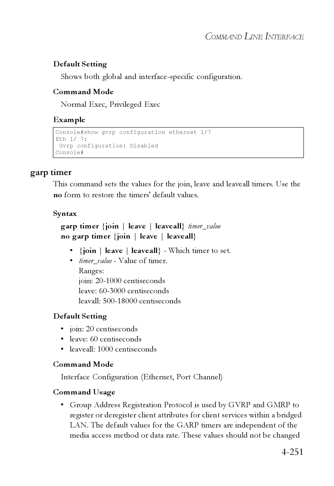 SMC Networks SMC6824M manual 251, Garp timer, Shows both global and interface-specific configuration 