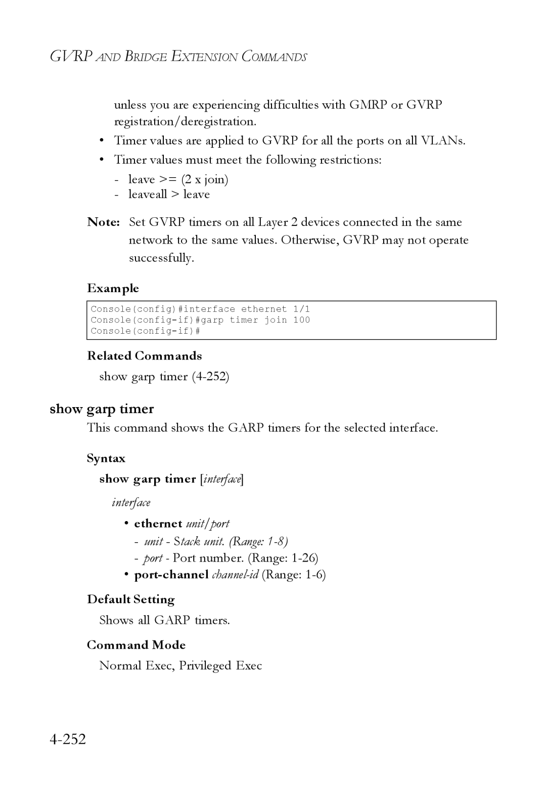 SMC Networks SMC6824M manual 252, Syntax Show garp timer interface, Shows all Garp timers 