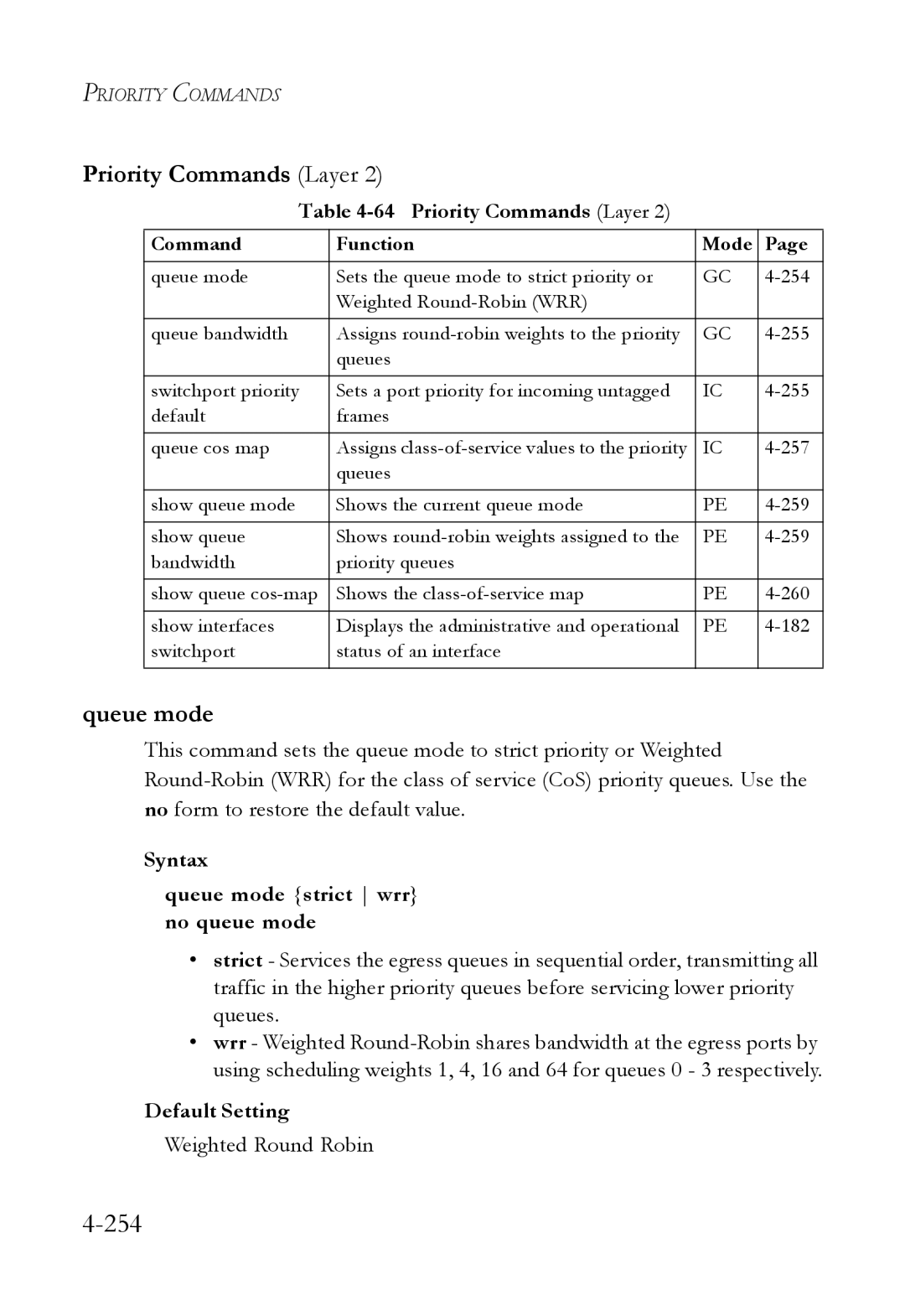 SMC Networks SMC6824M manual 254, Priority Commands Layer, Syntax Queue mode strict wrr no queue mode 