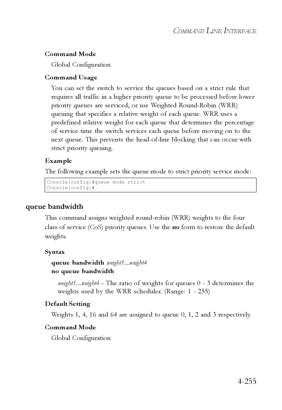 SMC Networks SMC6824M manual 255, Queue bandwidth 