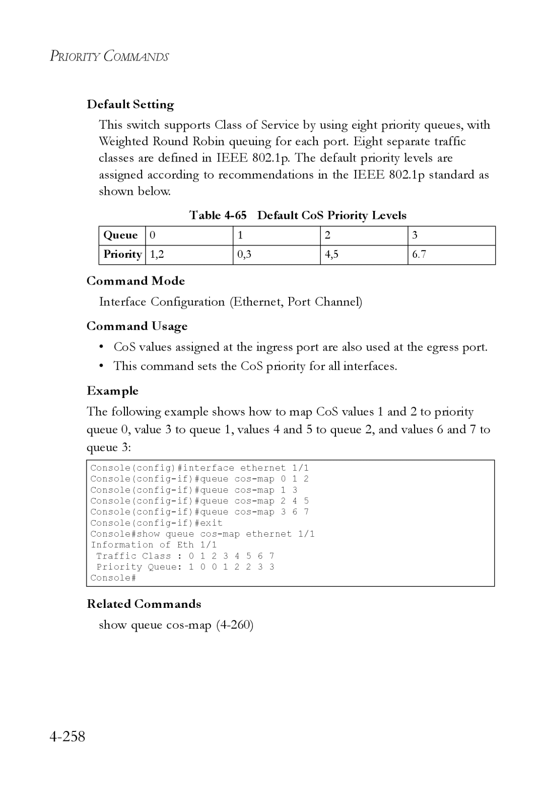 SMC Networks SMC6824M manual 258, Default CoS Priority Levels 