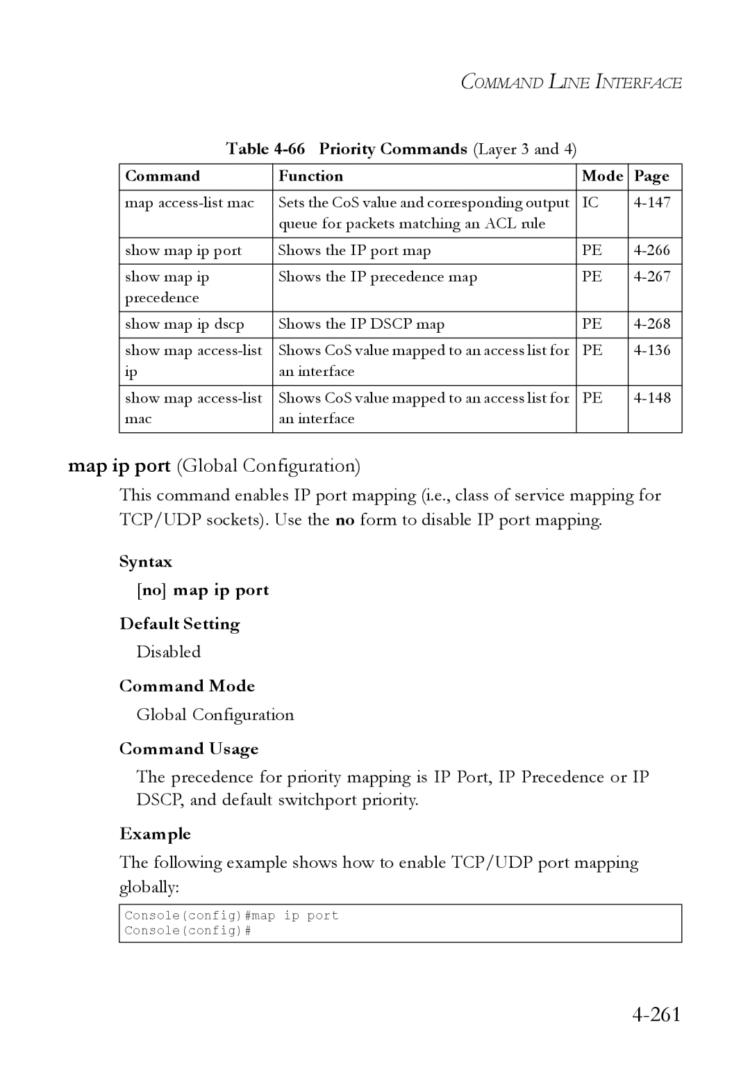 SMC Networks SMC6824M manual 261, Syntax No map ip port Default Setting 