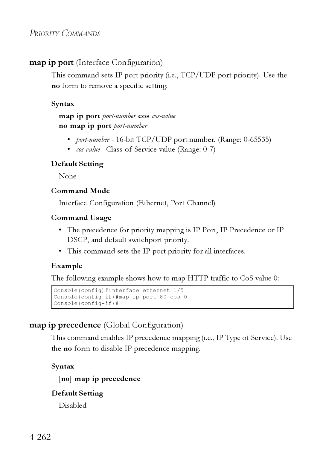 SMC Networks SMC6824M manual 262, Syntax No map ip precedence Default Setting 