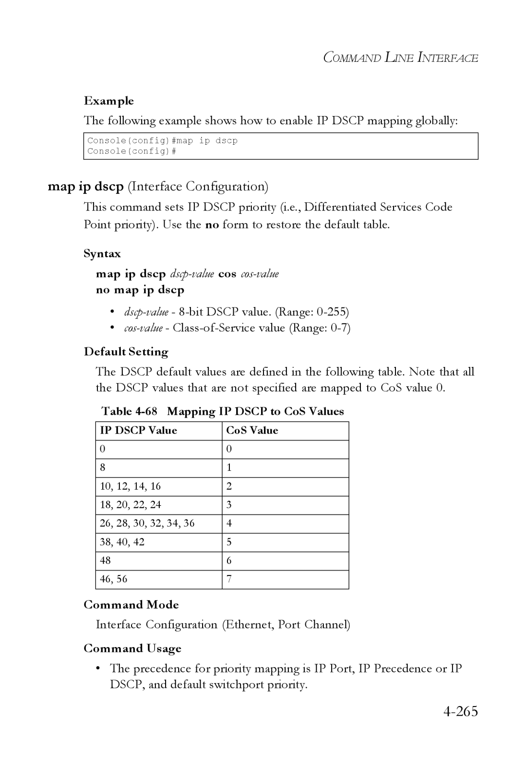 SMC Networks SMC6824M manual 265, Mapping IP Dscp to CoS Values 