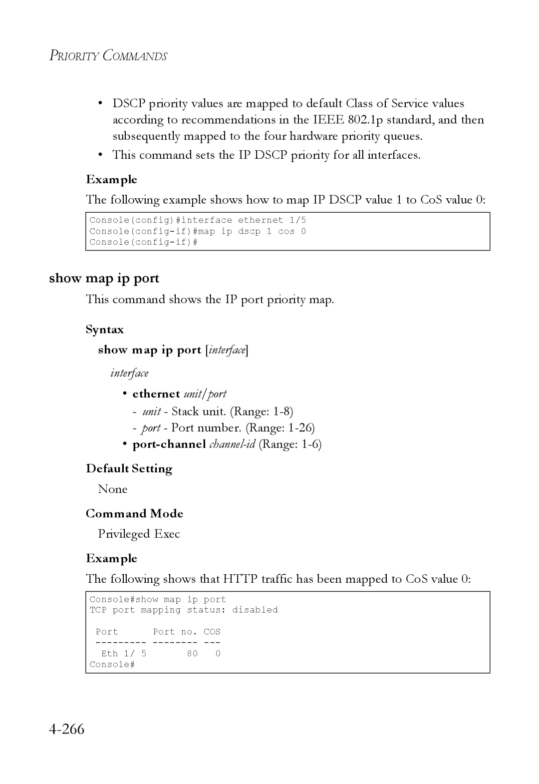 SMC Networks SMC6824M manual 266, Show map ip port, This command shows the IP port priority map 