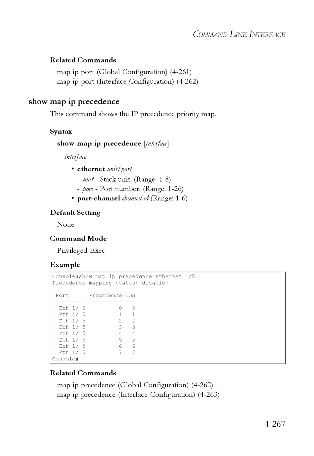 SMC Networks SMC6824M manual 267, Show map ip precedence, This command shows the IP precedence priority map 