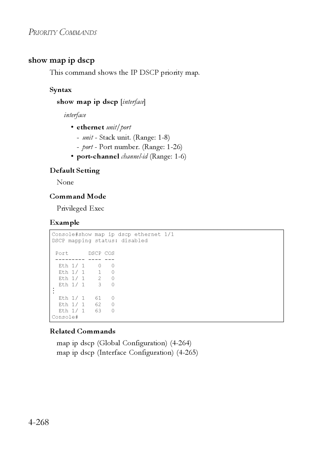 SMC Networks SMC6824M manual 268, Show map ip dscp, This command shows the IP Dscp priority map 