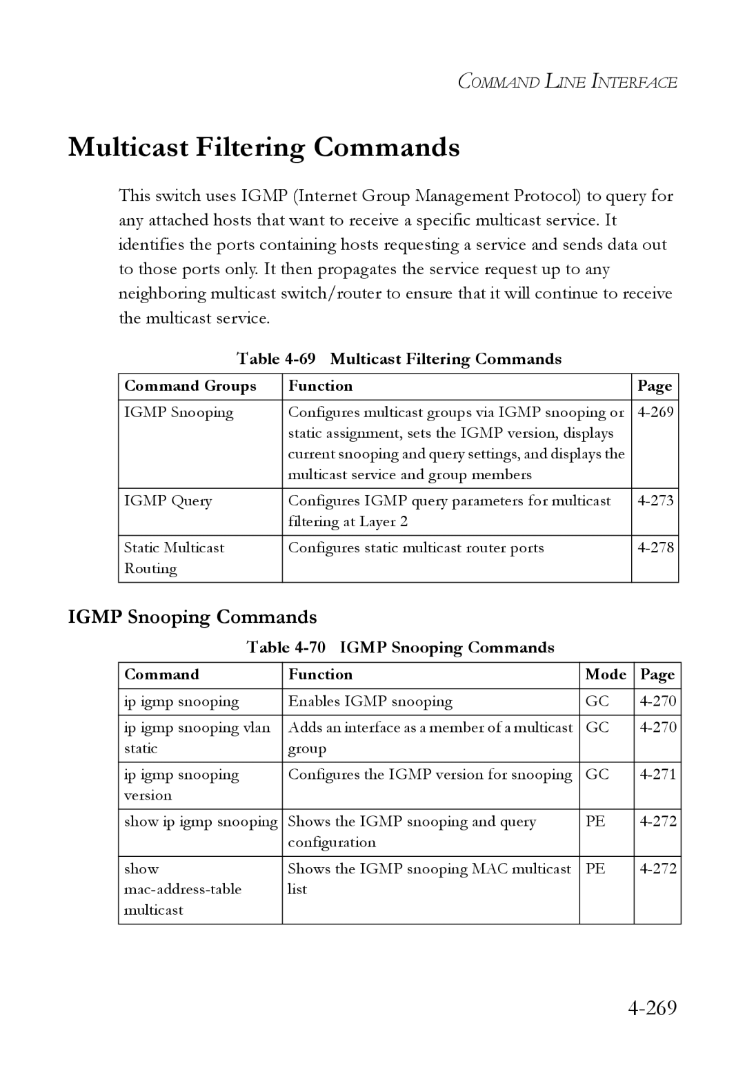 SMC Networks SMC6824M manual Multicast Filtering Commands, 269, Igmp Snooping Commands 