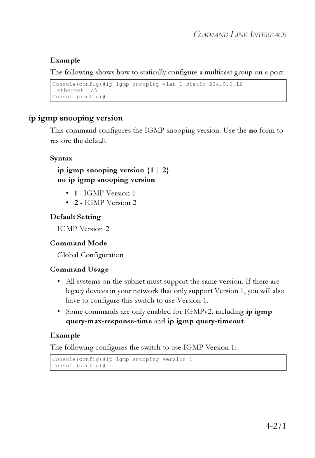 SMC Networks SMC6824M manual 271, Ip igmp snooping version, Following configures the switch to use Igmp Version 