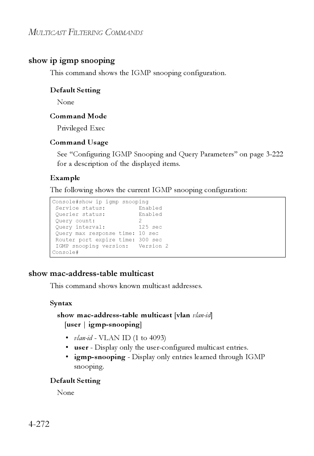SMC Networks SMC6824M manual 272, Show ip igmp snooping, Show mac-address-table multicast 