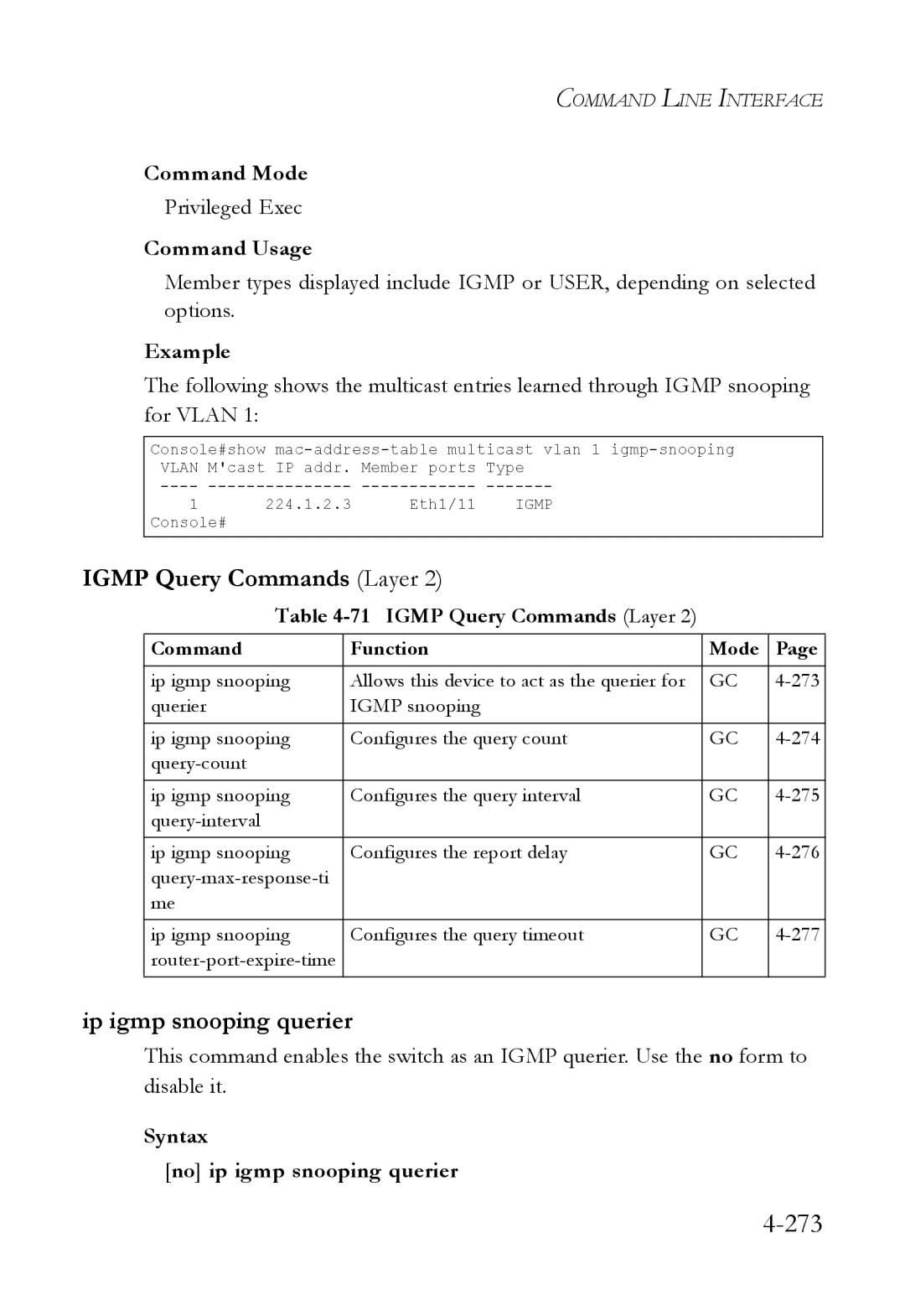 SMC Networks SMC6824M manual 273, Igmp Query Commands Layer, Ip igmp snooping querier, Syntax No ip igmp snooping querier 