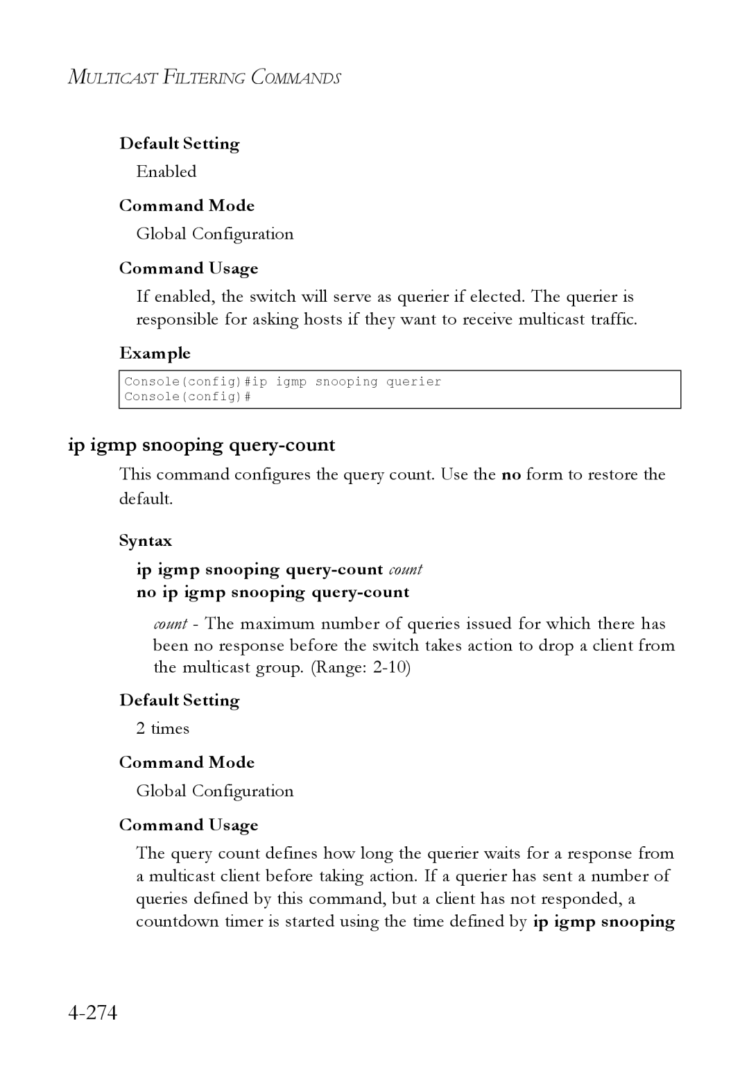 SMC Networks SMC6824M manual 274, Ip igmp snooping query-count, Times 