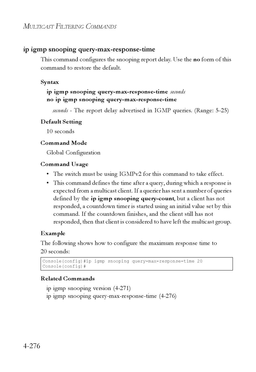 SMC Networks SMC6824M manual 276, Ip igmp snooping query-max-response-time 