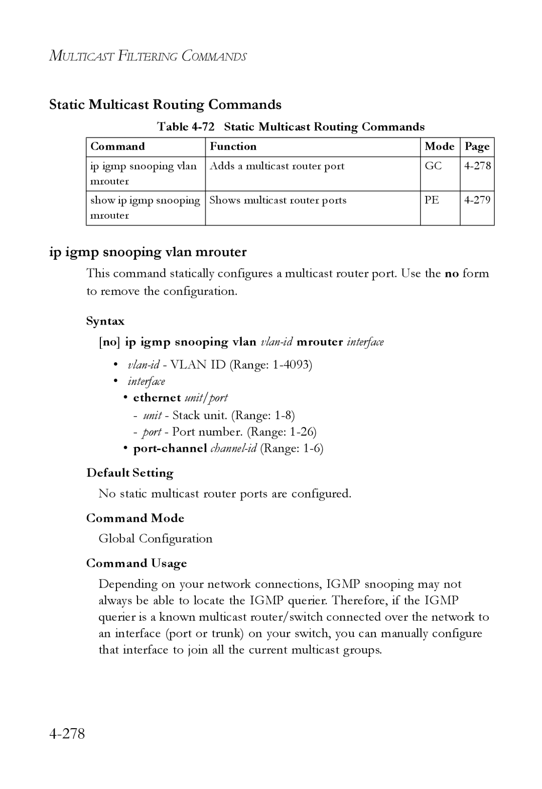 SMC Networks SMC6824M manual 278, Static Multicast Routing Commands, Ip igmp snooping vlan mrouter 